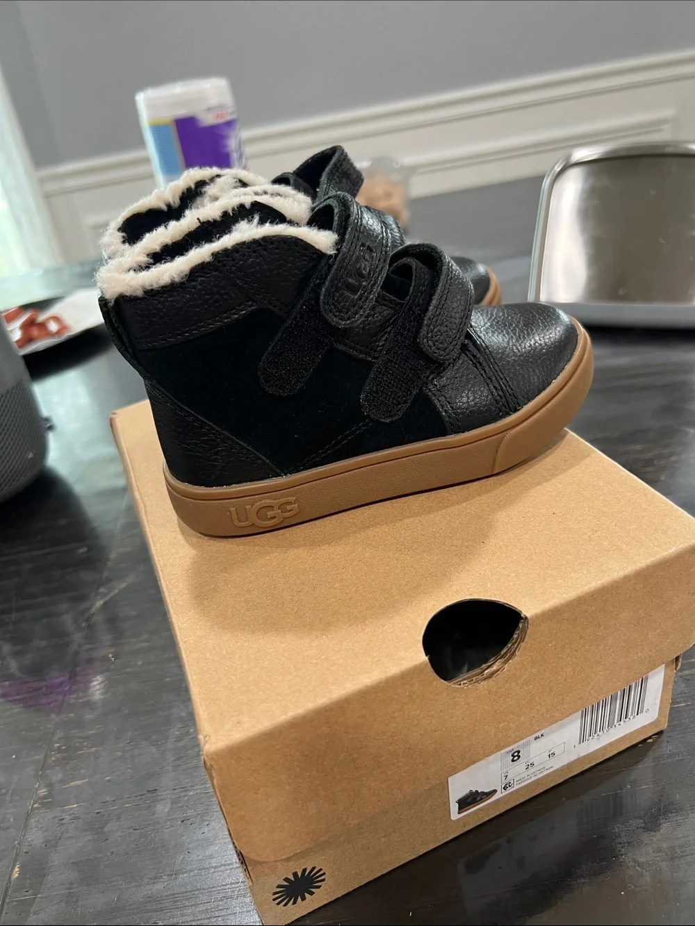 UGG Kids Black Leather Hook-and-Loop Winter Boots with Faux Fur Trim